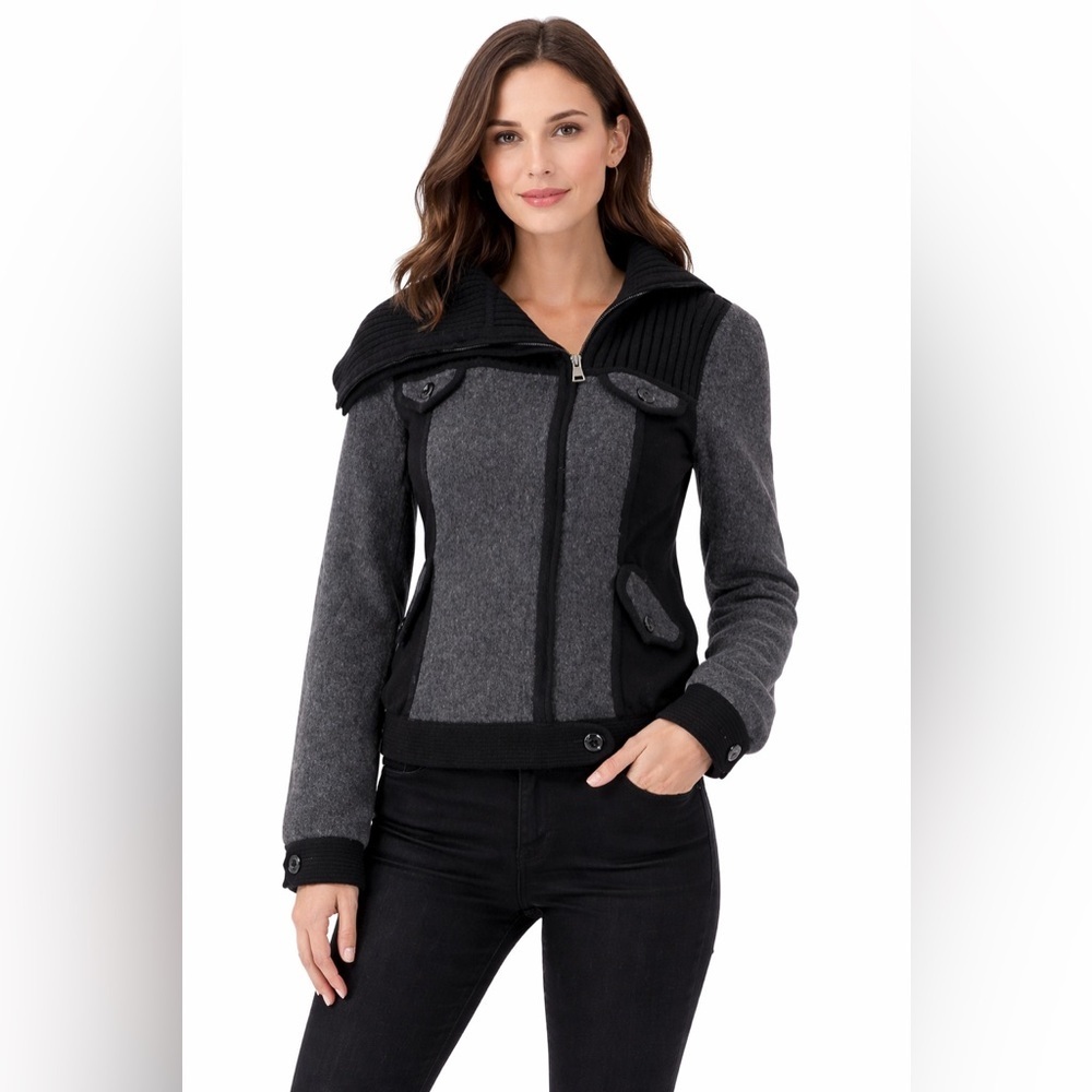 Diane von Furstenberg Grey Black Wool Knit Jacket Wide Collar Button Detail M